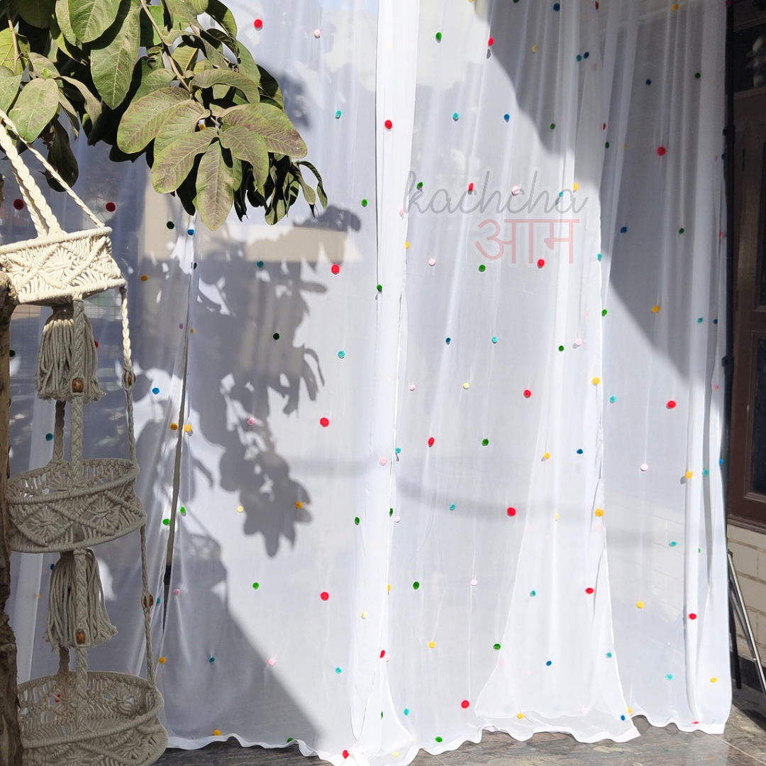 Pompom Curtains Sheer Fabric White with Multiple Color Pompoms