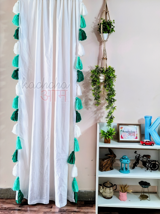 Sea Green Ombre Tassel White Curtains (Cotton & Sheer)