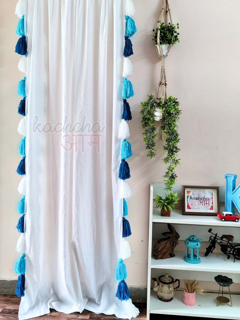 Blue Ombre Tassel White Curtains (Cotton & Sheer)