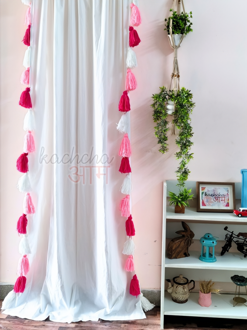 Pink Ombre Tassel White Curtains (Cotton & Sheer)