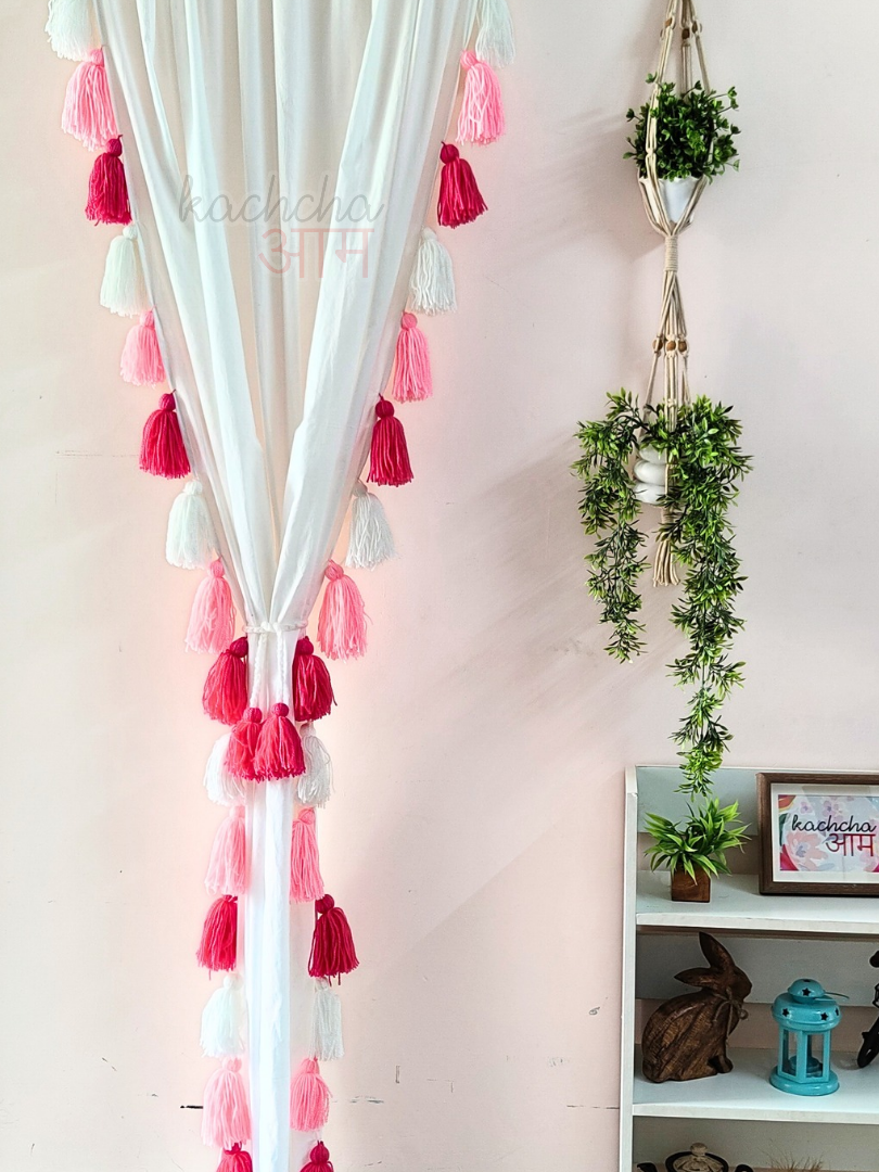 Pink Ombre Tassel White Curtains (Cotton & Sheer)