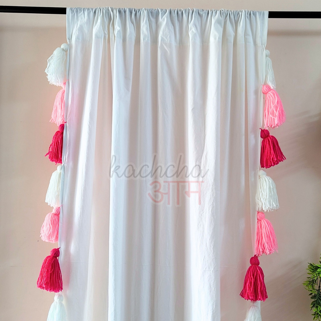 Pink Ombre Tassel White Curtains (Cotton & Sheer)