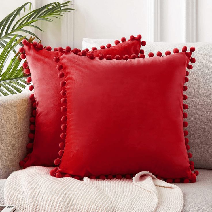 Red Pompom Lace Cotton Cushion Cover