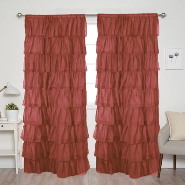 Brown Cotton Full Ruffle Curtains