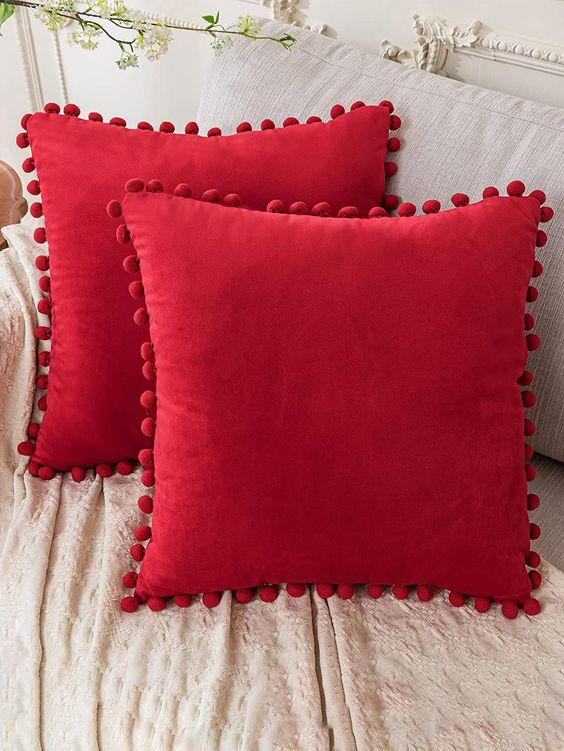 Red Pompom Lace Cotton Cushion Cover