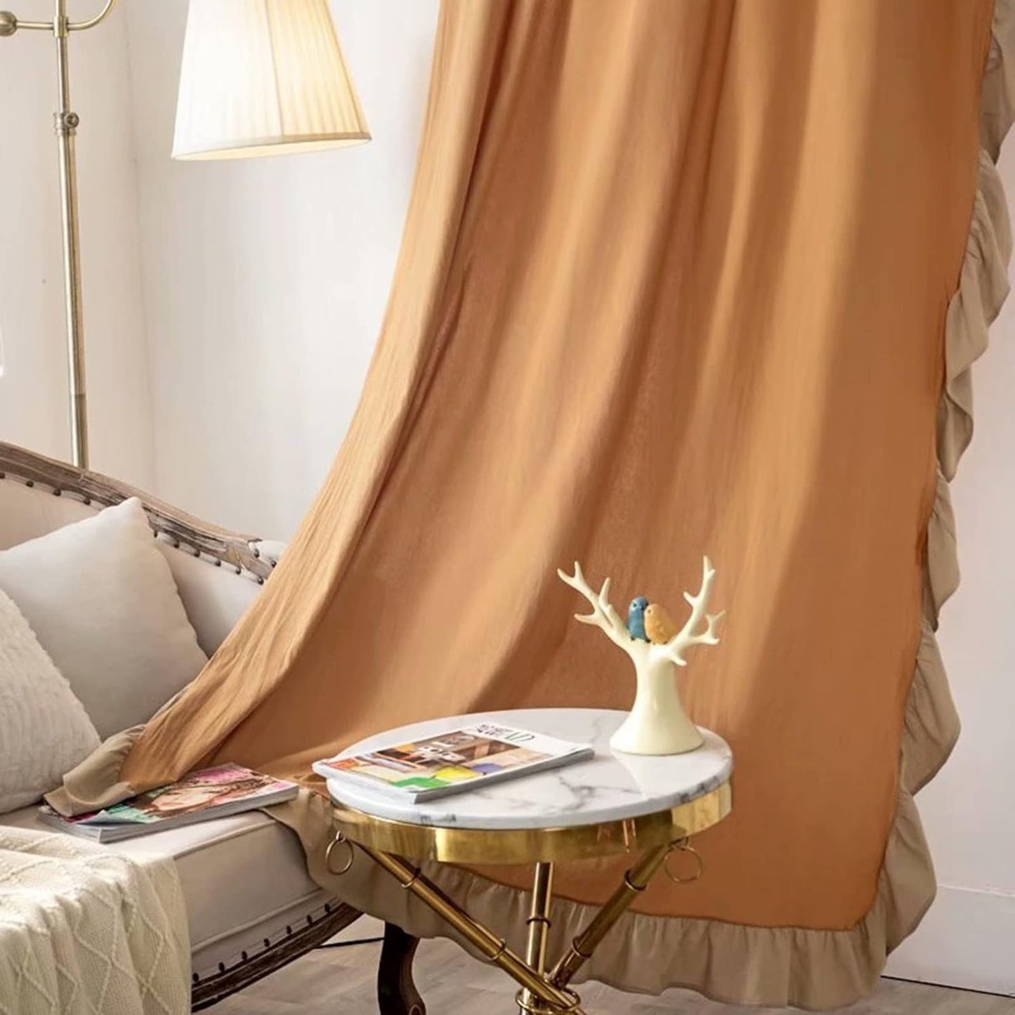 Dual Tone Apricot Beige Side Frill Curtains 100% Cotton Material