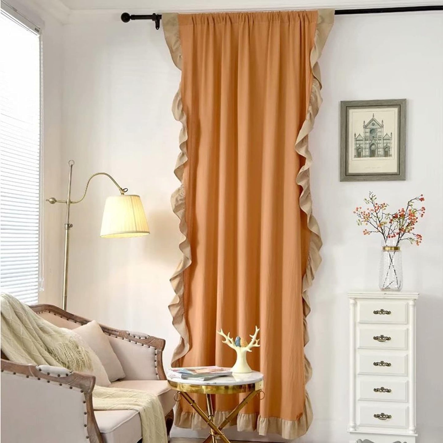 Dual Tone Apricot Beige Side Frill Curtains 100% Cotton Material