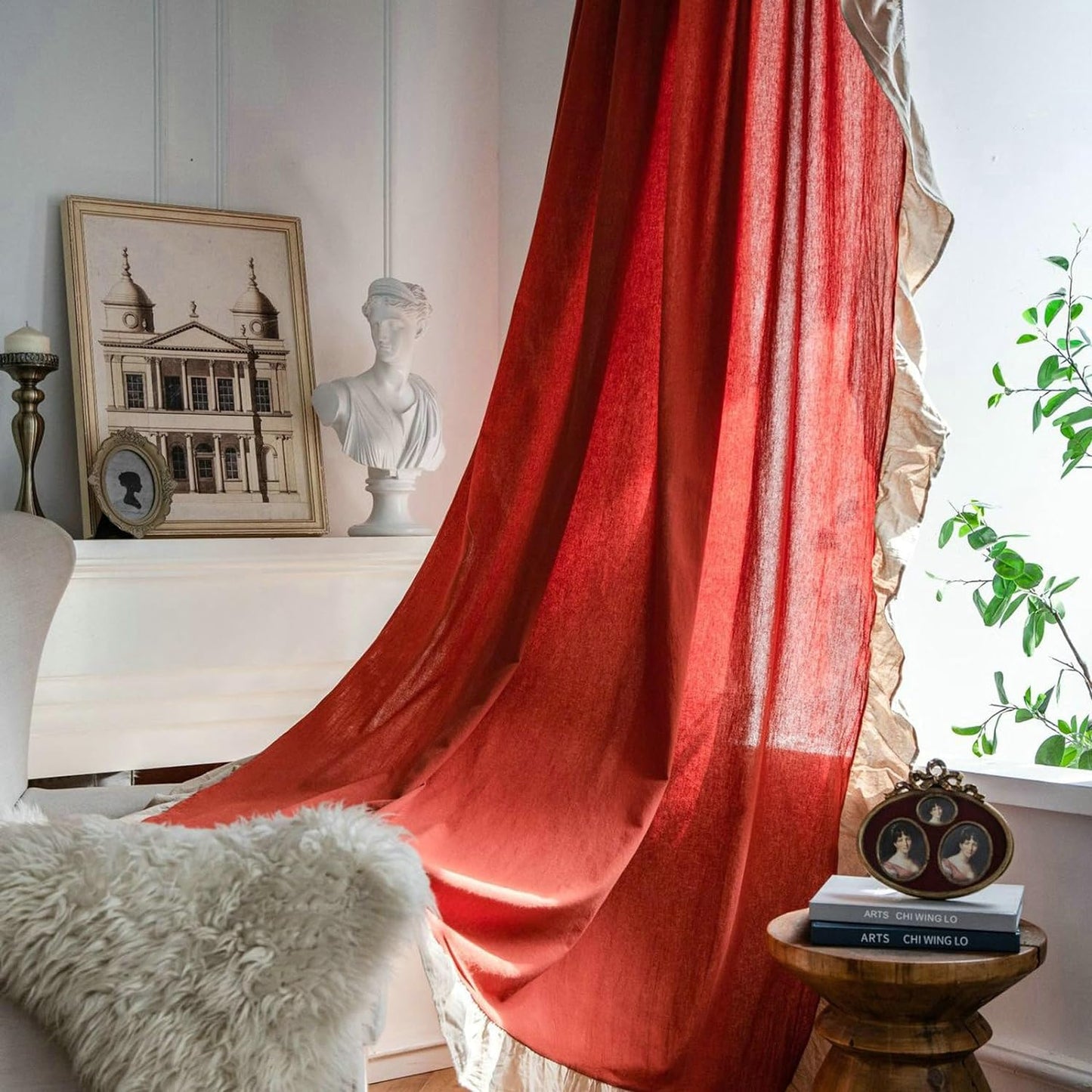 Dual Tone Red Beige Side Frill Curtains 100% Cotton Material