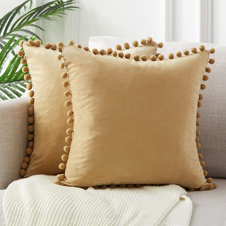 Beige Pompom Lace Cotton Cushion Cover