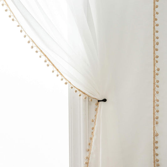 Beige Color Pompom Lace White Sheer Curtain