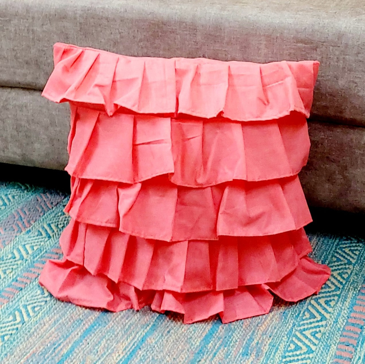 Cotton Ruffle Cushion Cover in Coral - 16x16 Inches with Quality Lining