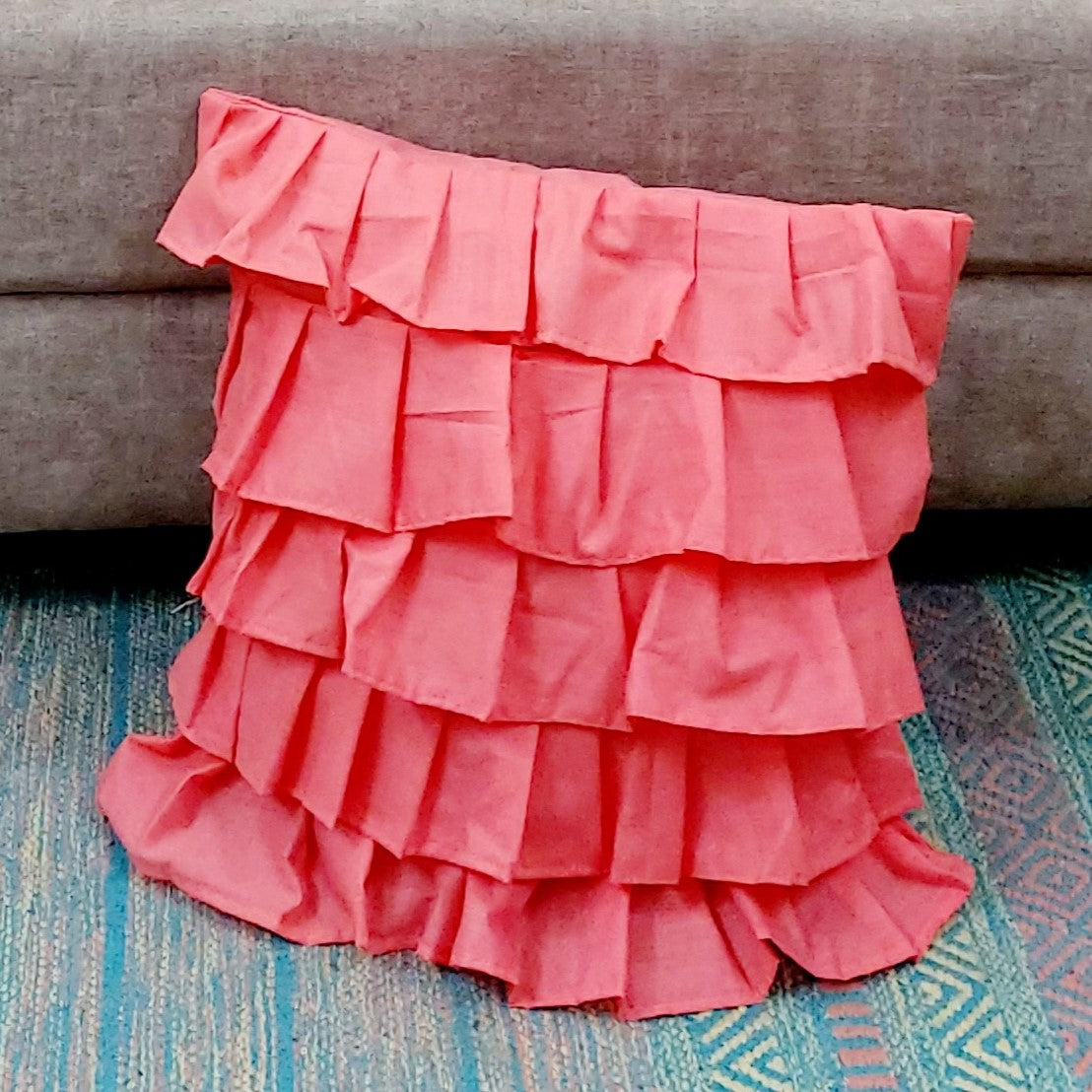 Cotton Ruffle Cushion Cover in Coral - 16x16 Inches with Quality Lining