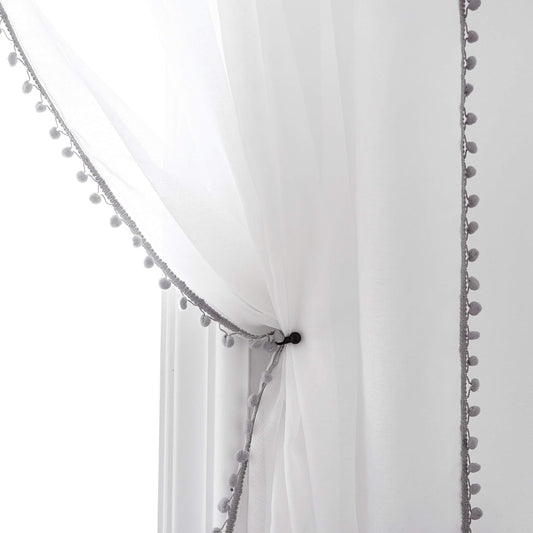 Grey Color Pompom Lace White Sheer Curtain