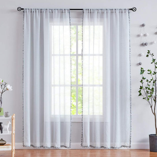 Grey Pompom Lace Georgette Sheer Curtain