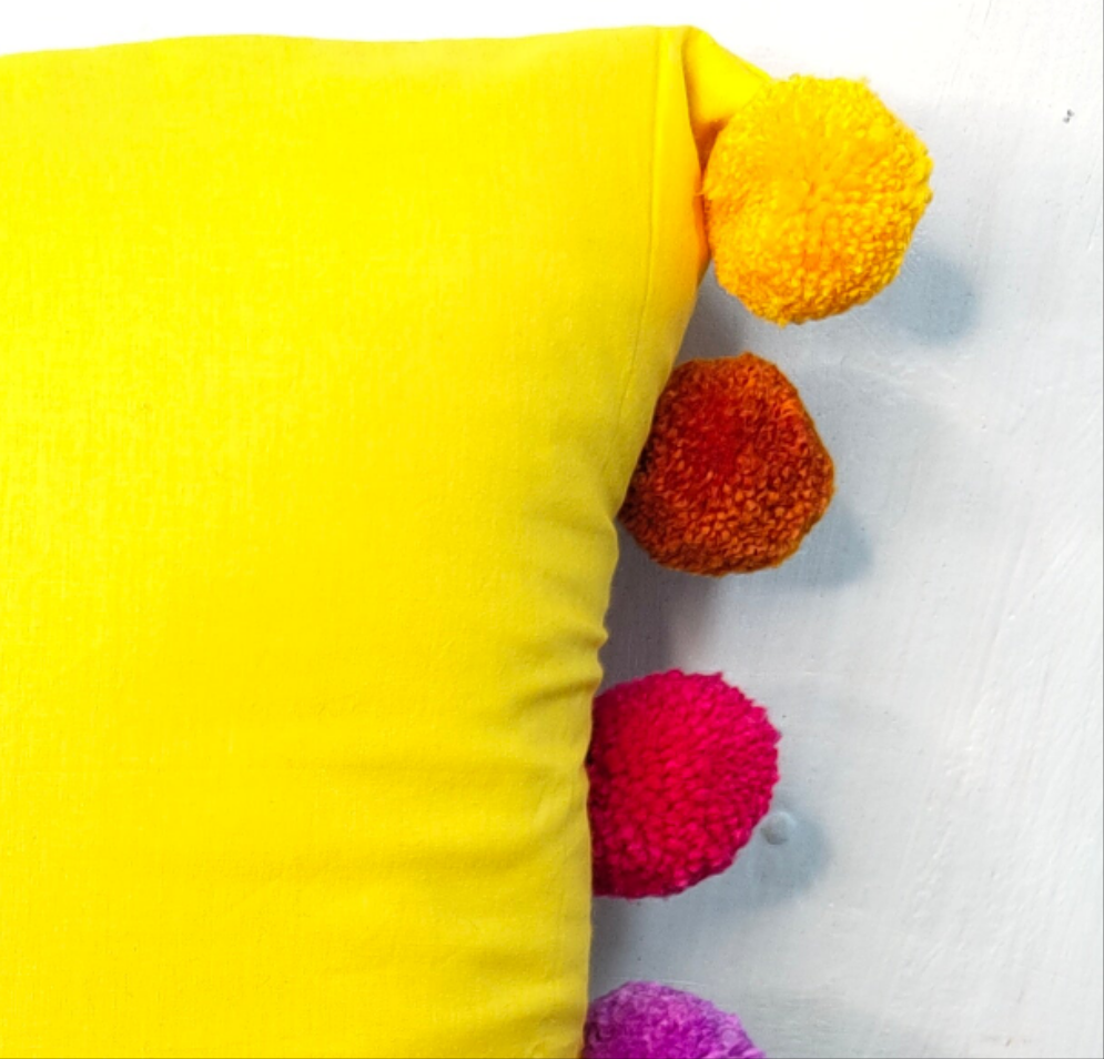 Rainbow Pompom Yellow Cotton Cushion Cover with Lining