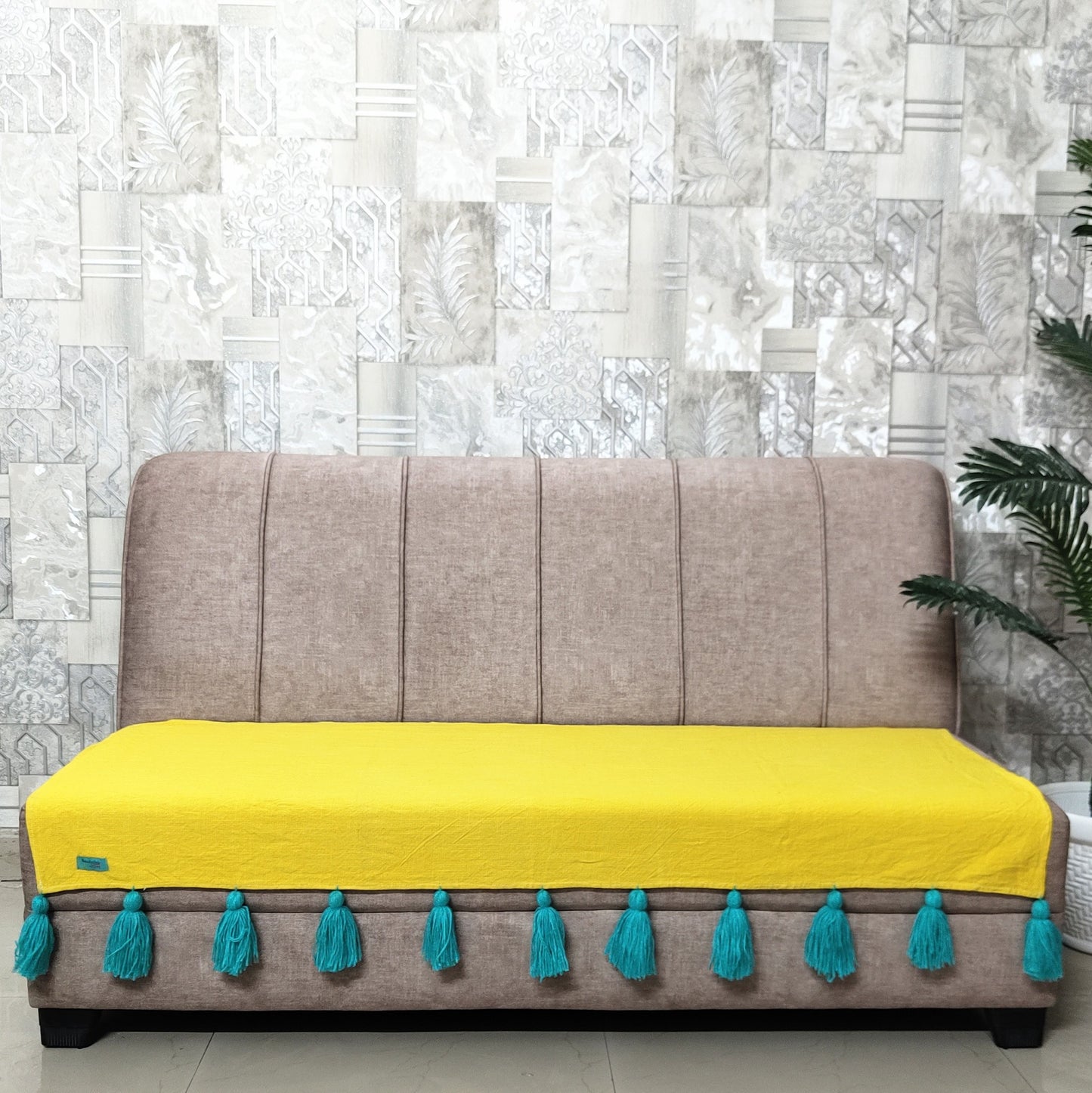 Yellow Cotton Slub Sofa cover with Teal Tassels