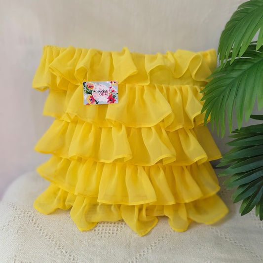 Georgette Ruffles Cotton Cushion Cover in Yellow - 16x16 Inches with Quality Lining