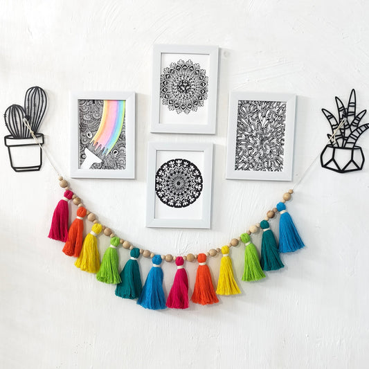 Cotton Tassel Rainbow Bunting with Wooden Beads