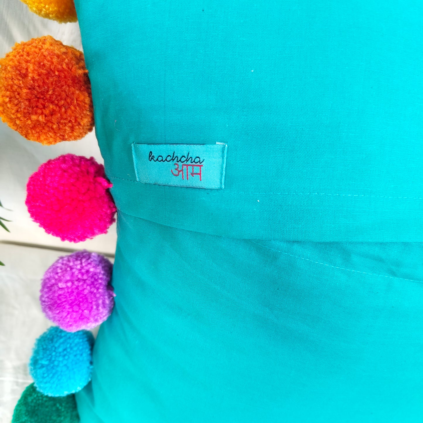 Rainbow Pompom Teal Cotton Cushion Cover with Lining