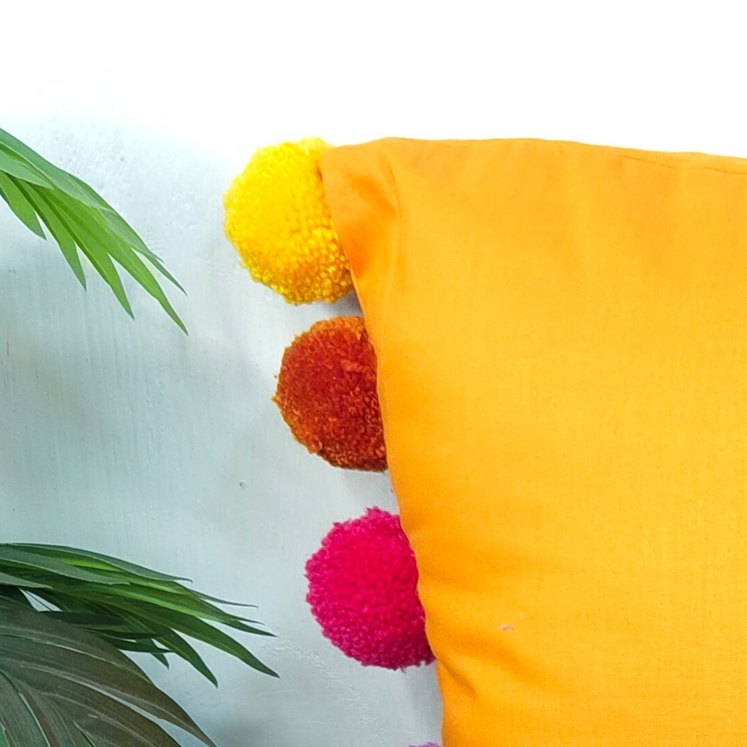 Rainbow Pompom Orange Cotton Cushion Cover with Lining