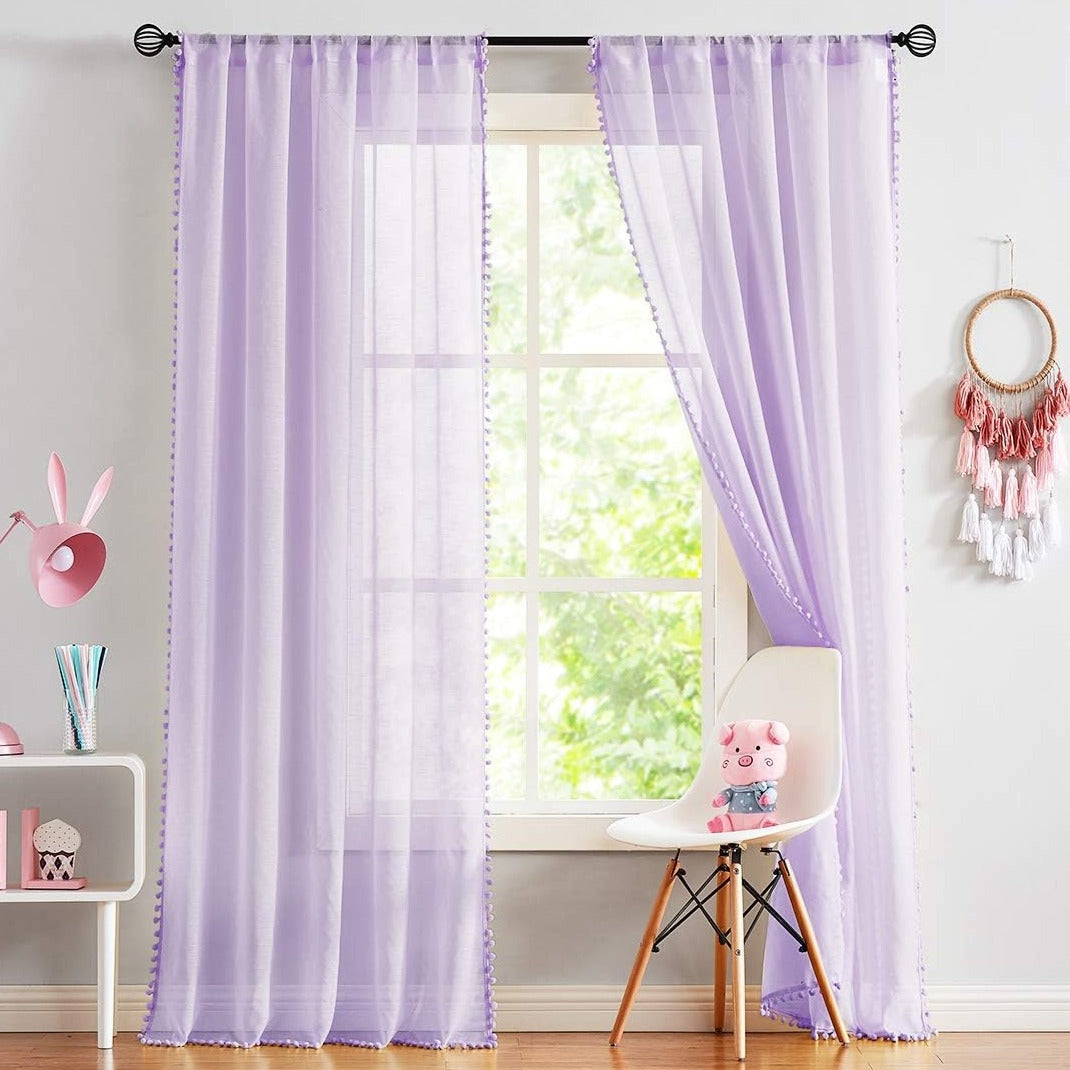 Lavender Pompom Lace Georgette Sheer Curtain