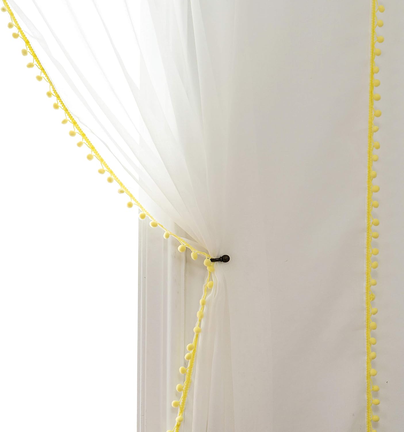 Lemon Color Pompom Lace White Sheer Curtain