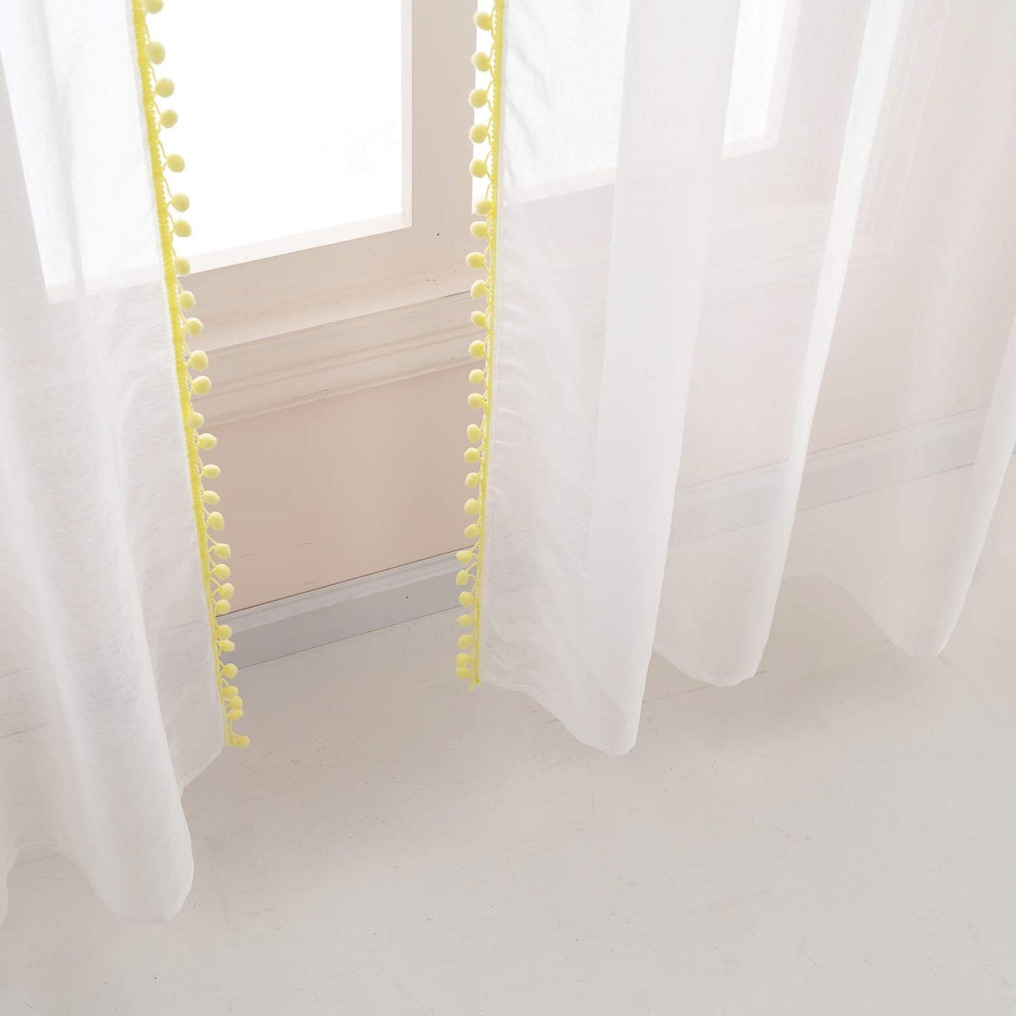 Lemon Color Pompom Lace White Sheer Curtain