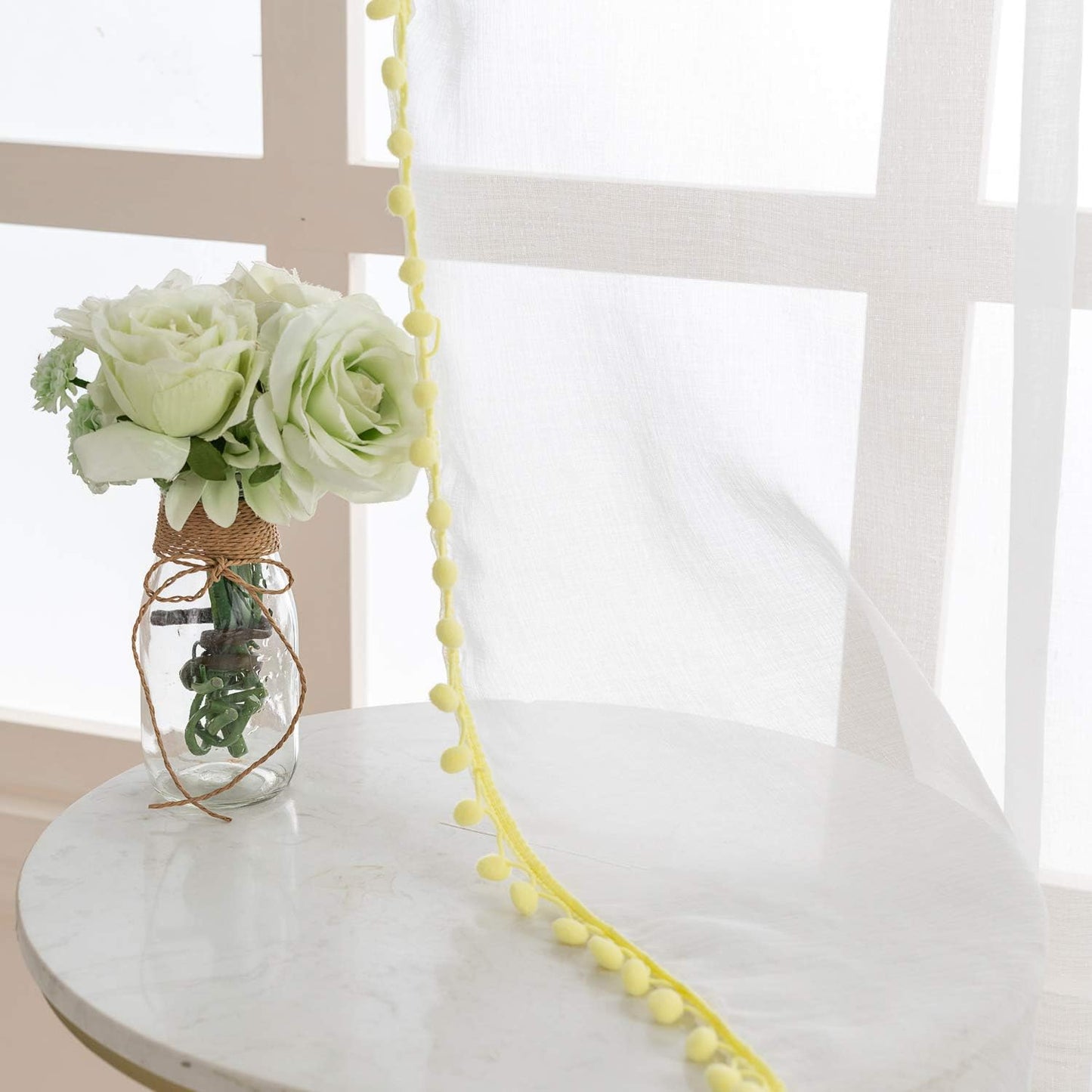 Lemon Color Pompom Lace White Sheer Curtain