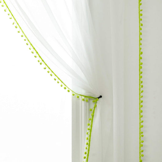 Lime Color Pompom Lace White Sheer Curtain