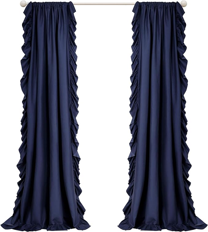 Navy Side Frill Curtains 100% Cotton Material