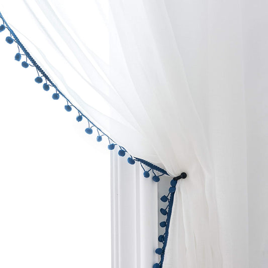 Navy Color Pompom Lace White Sheer Curtain