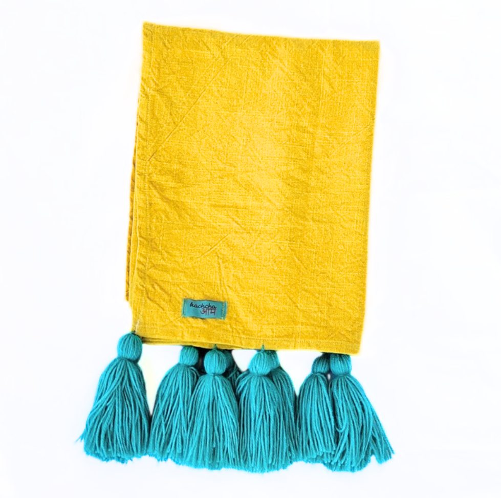 Yellow Cotton Slub Sofa cover with Teal Tassels