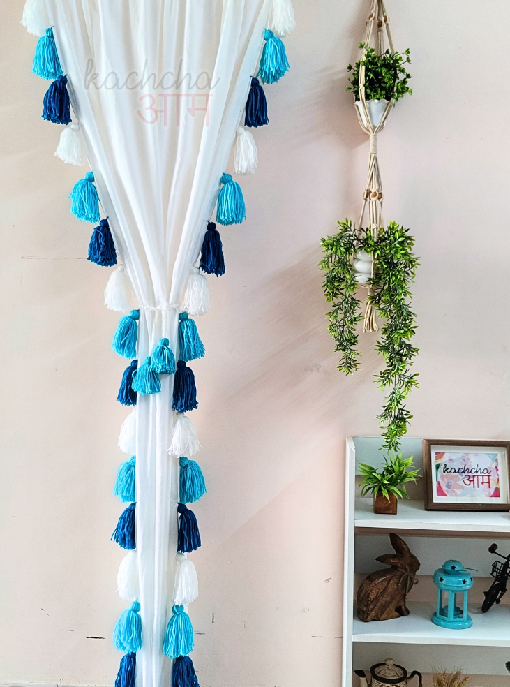 Blue Ombre Tassel White Curtains (Cotton & Sheer)