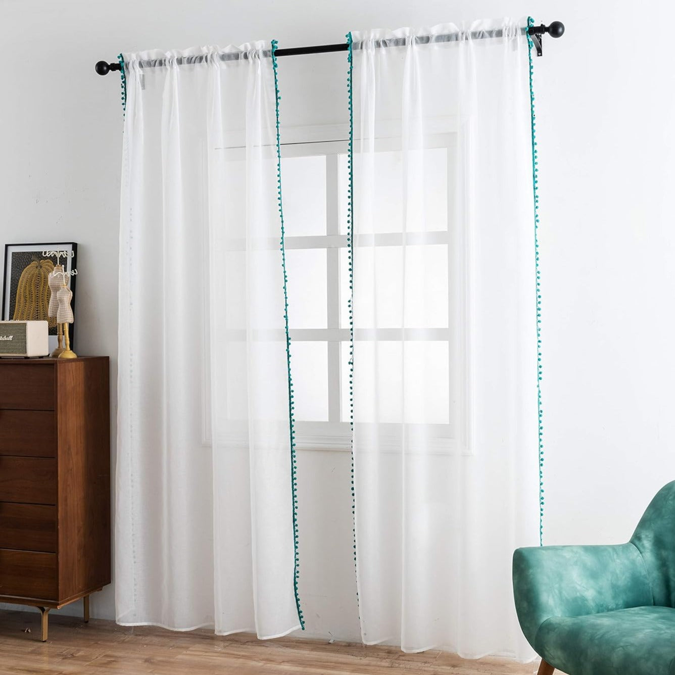 Teal Color Pompom Lace White Sheer Curtain