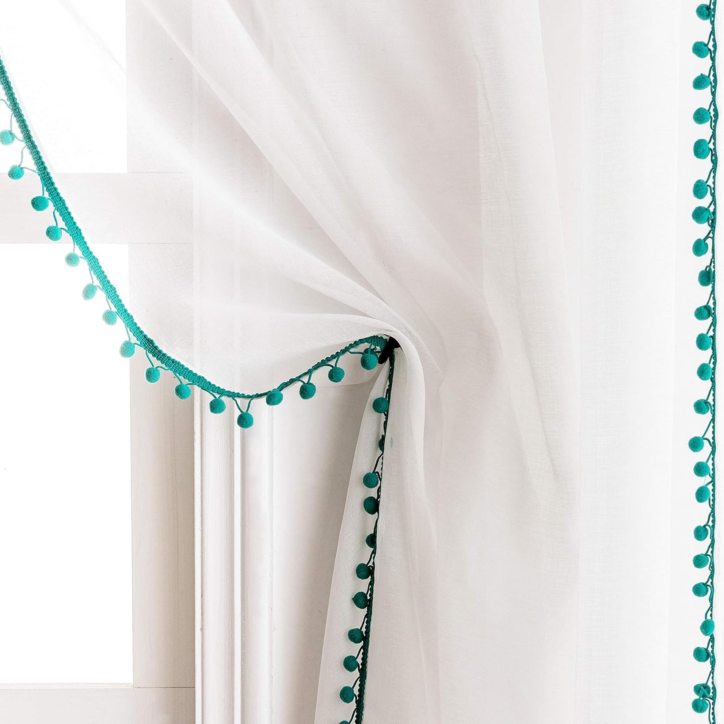 Teal Color Pompom Lace White Sheer Curtain