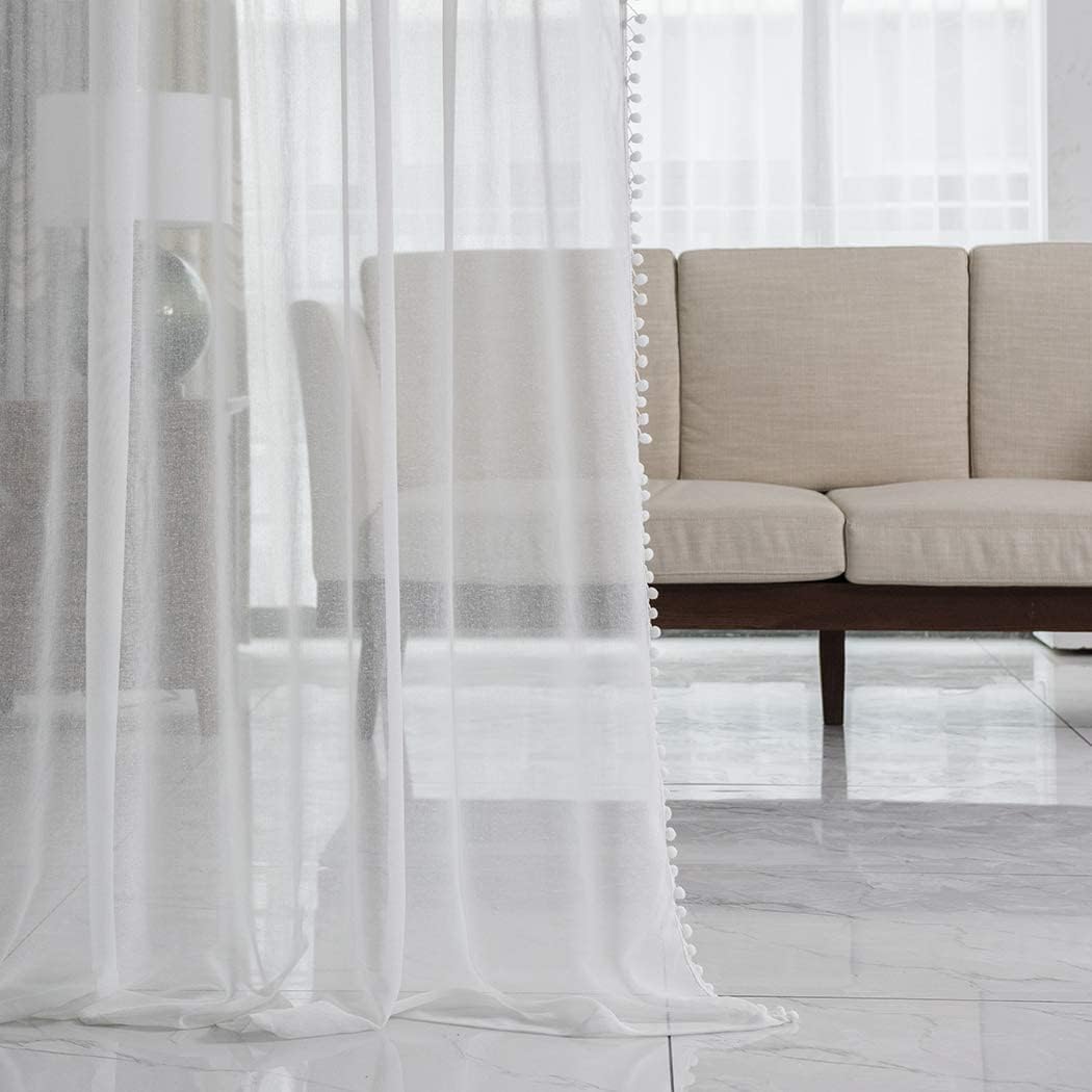 White Color Pompom Lace White Sheer Curtain