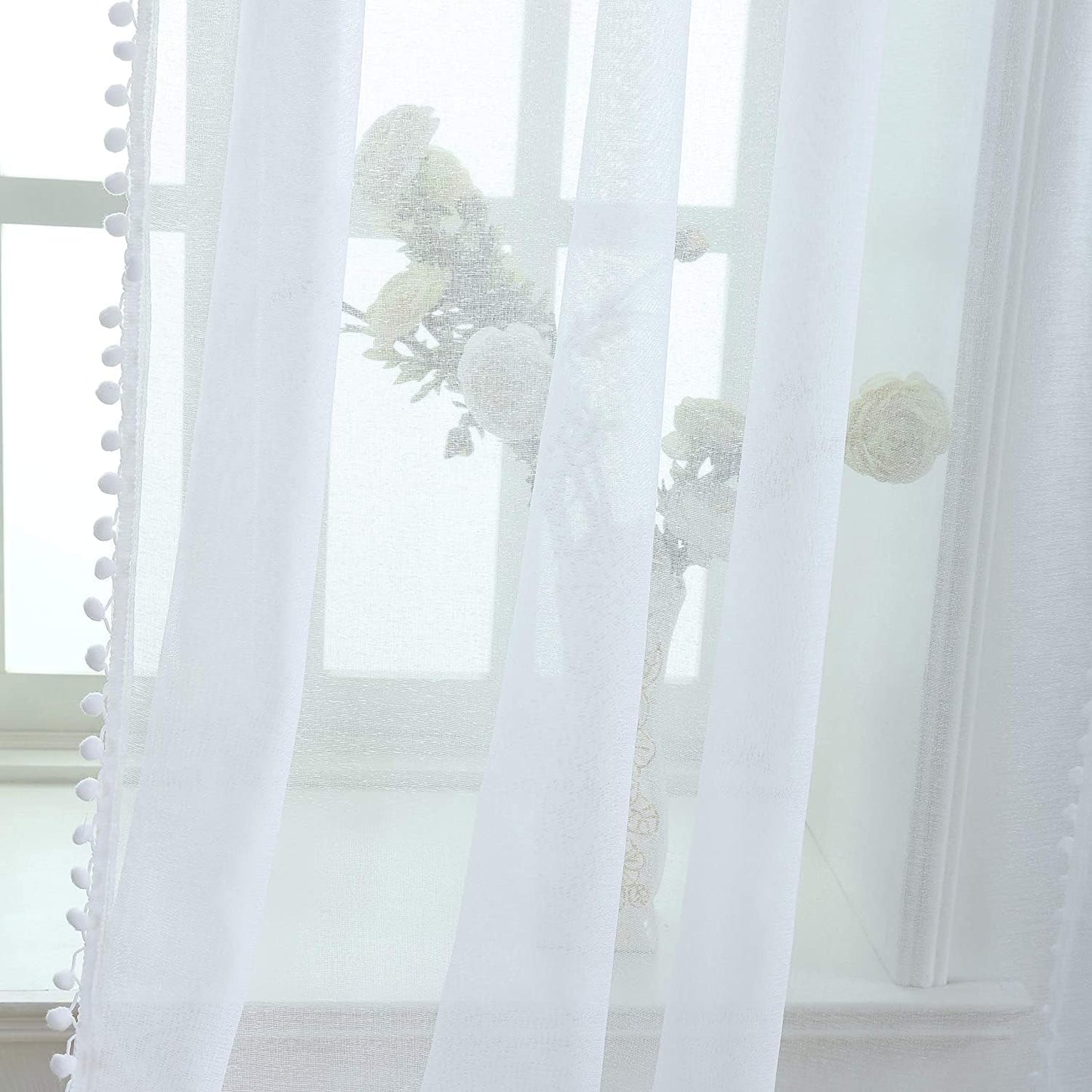 White Color Pompom Lace White Sheer Curtain