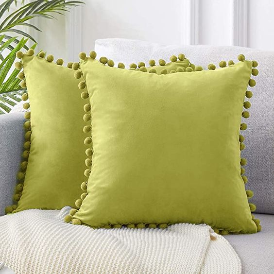 Pista Green Pompom Lace Cotton Cushion Cover