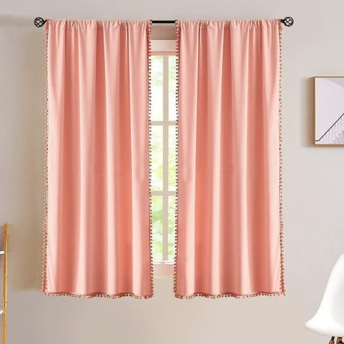 Peach Pompom Lace Colored Cotton Curtains