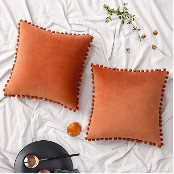 Rust Pompom Lace Cotton Cushion Cover