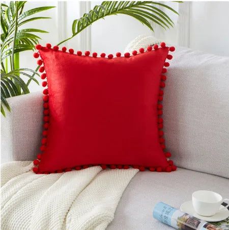 Red Pompom Lace Cotton Cushion Cover