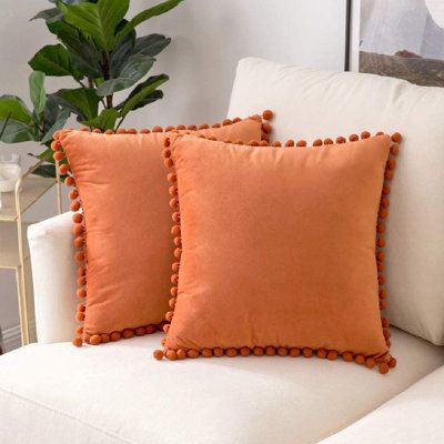 Rust Pompom Lace Cotton Cushion Cover