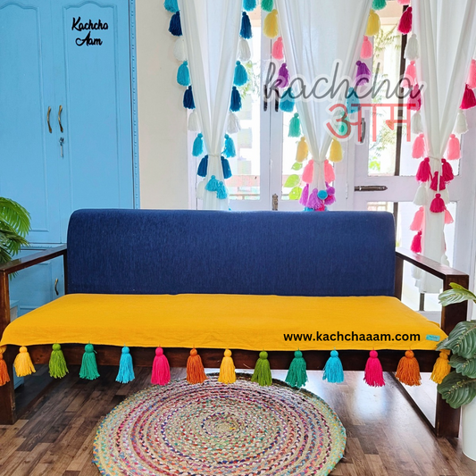 Marigold Cotton Slub Sofa Cover with Rainbow Tassels