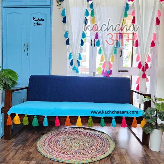 Sky Blue Cotton Slub Sofa Cover with Rainbow Tassels