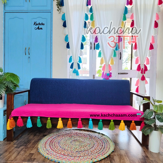 Magenta Cotton Slub Sofa Cover with Rainbow Tassels