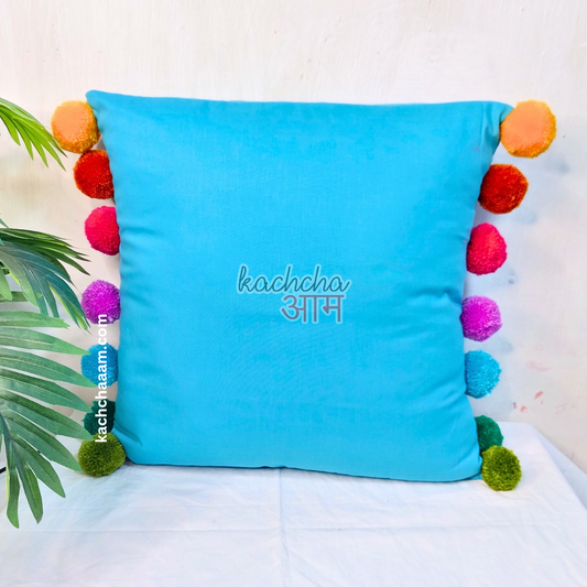 Rainbow Pompom Blue Cotton Cushion Cover with Lining