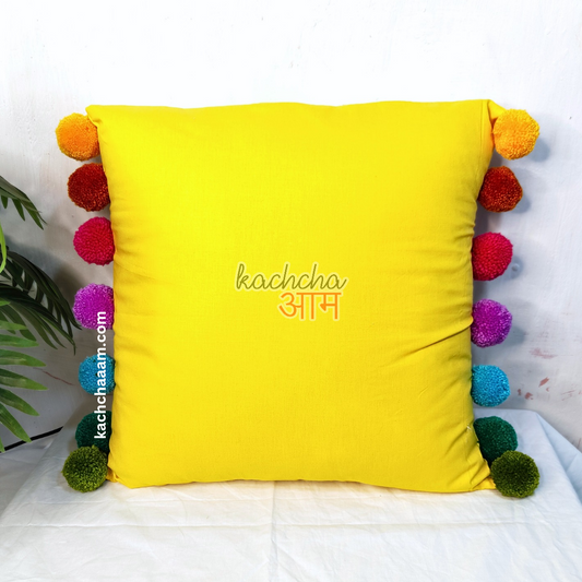 Rainbow Pompom Yellow Cotton Cushion Cover with Lining