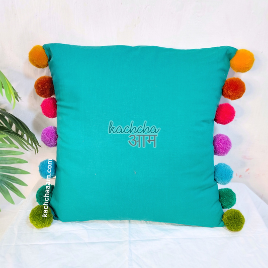 Rainbow Pompom Teal Cotton Cushion Cover with Lining