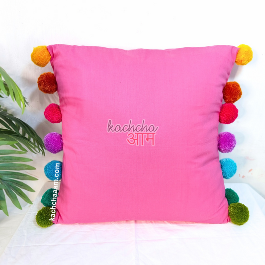 Rainbow Pompom Pink Cotton Cushion Cover with Lining