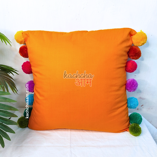 Rainbow Pompom Orange Cotton Cushion Cover with Lining